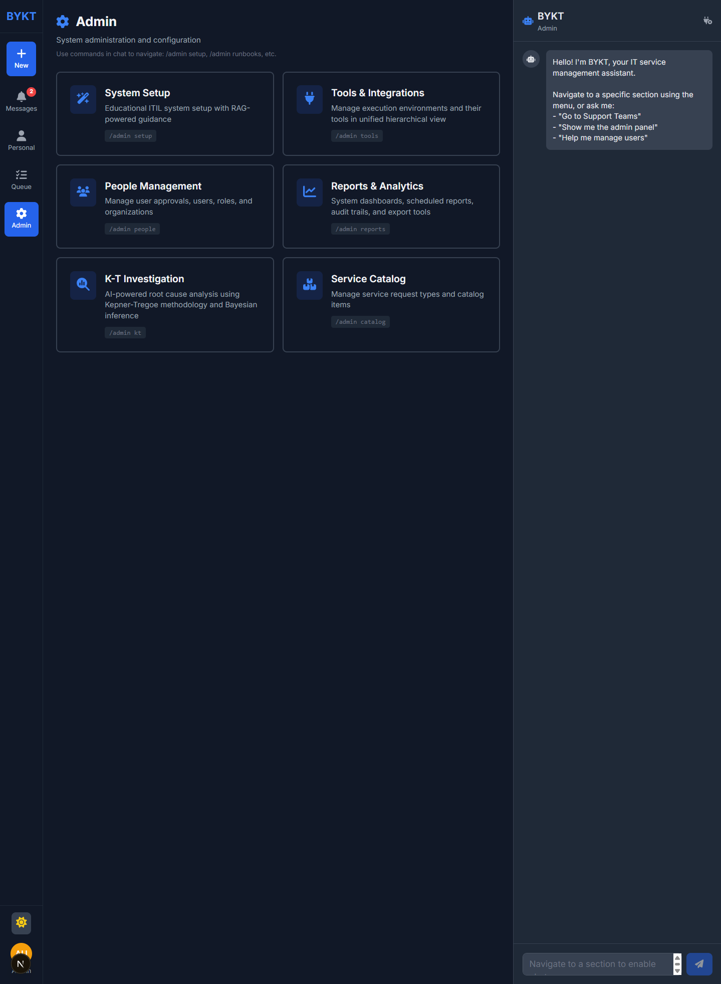 Admin panel with system setup, tools, and K-T investigation