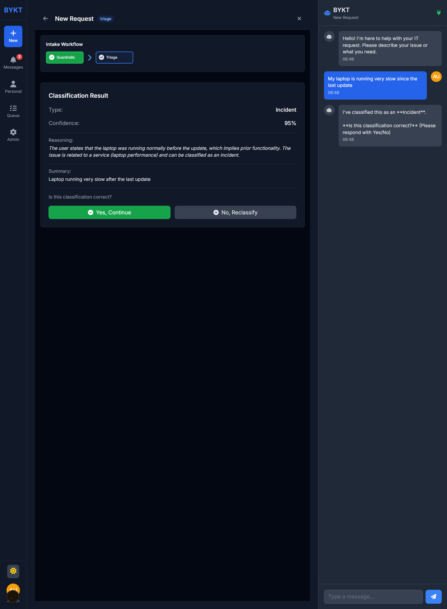 AI-powered triage showing classification with 95% confidence